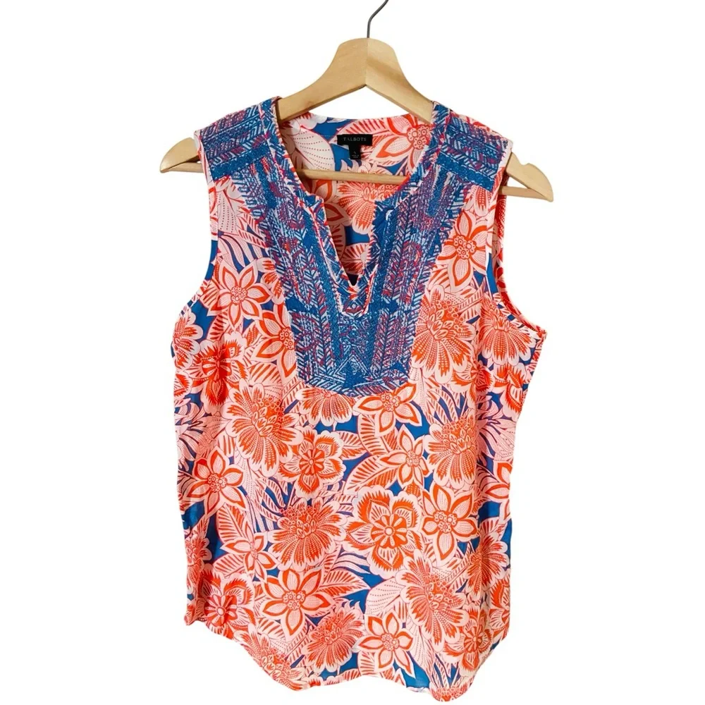 Talbots Sz SMALL Tropical Floral Embroidered Cotton Sleeveless Blouse - Picture 3 of 8